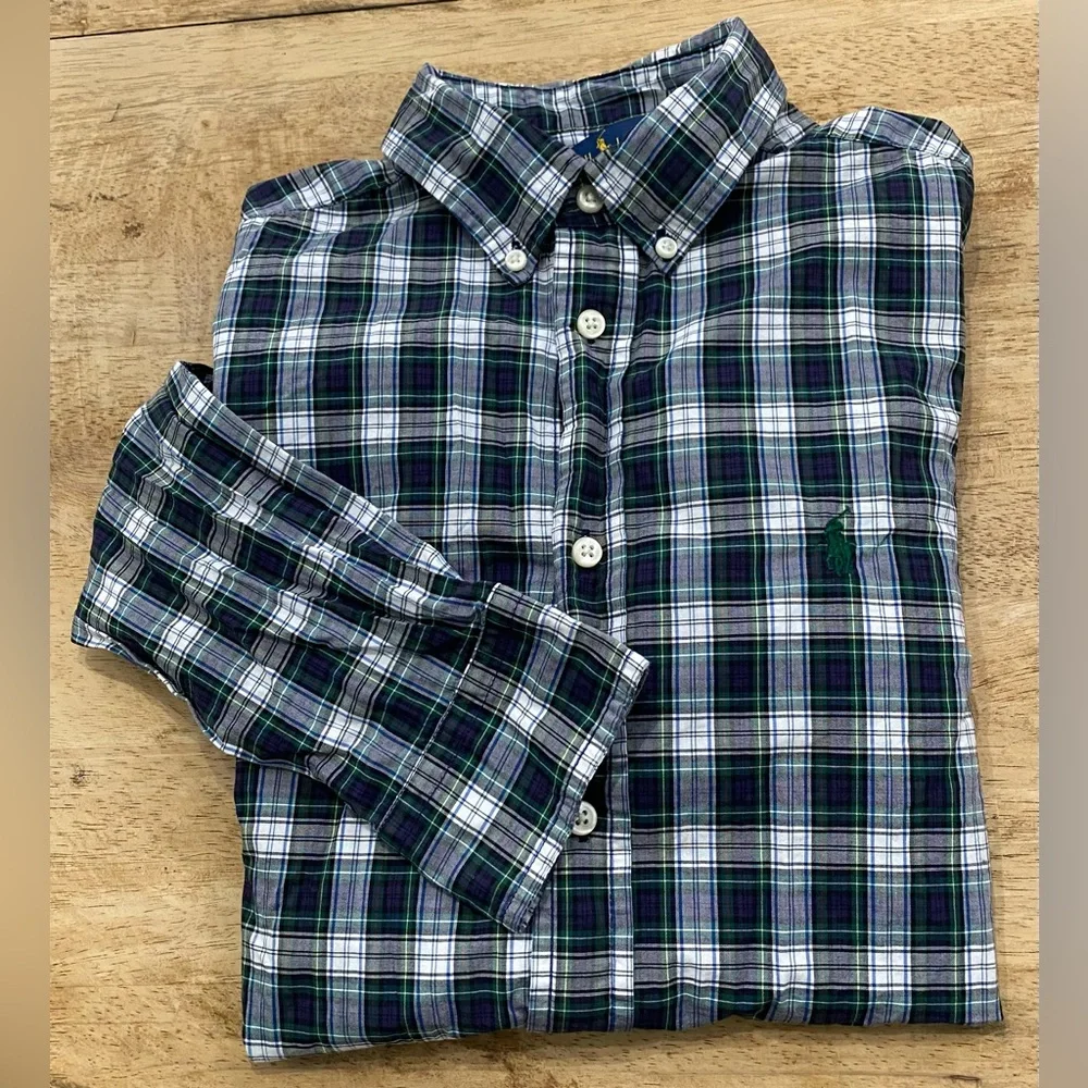 Ralph Lauren Boys’ Sz XL (18-20) Navy/Green‎ Plaid Cotton Oxford Shirt